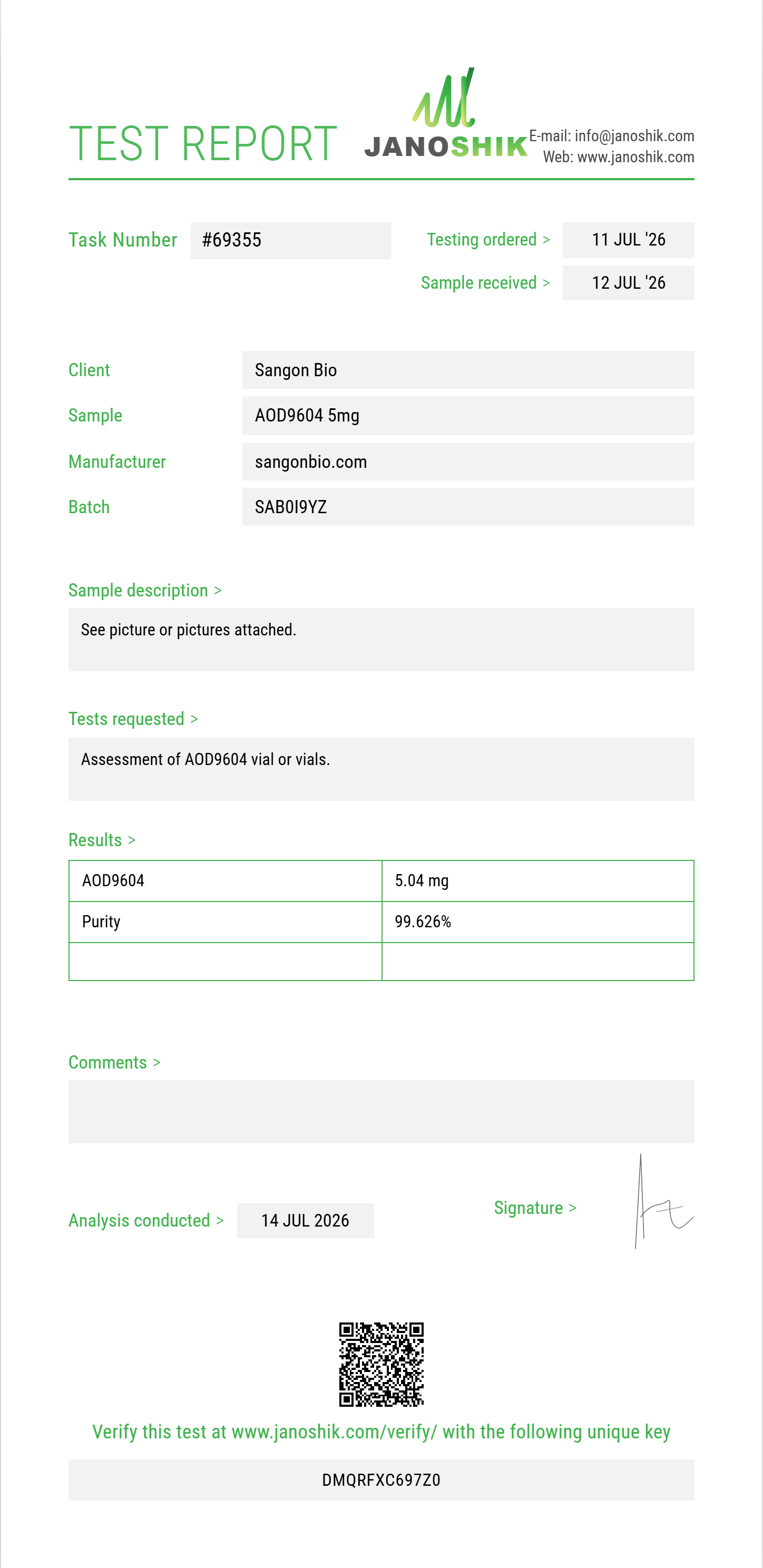 AOD9604 Purity (HPLC) report by Janoshik Analytical