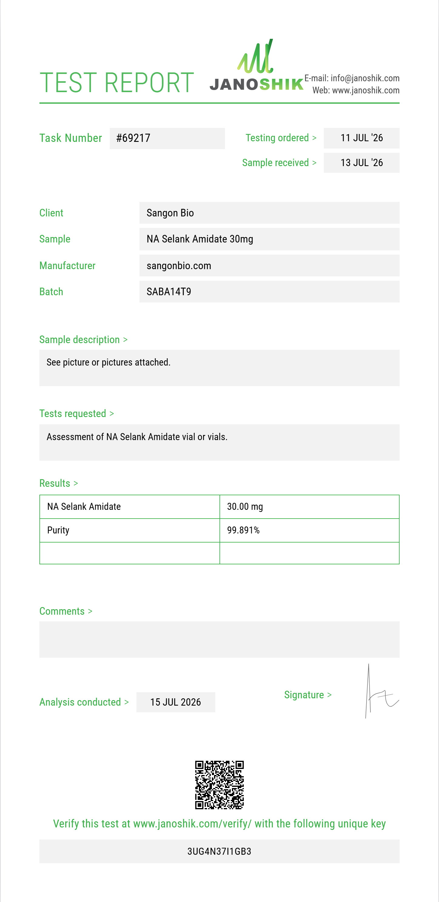 NA Selank Amidate Purity (HPLC) report by Janoshik Analytical