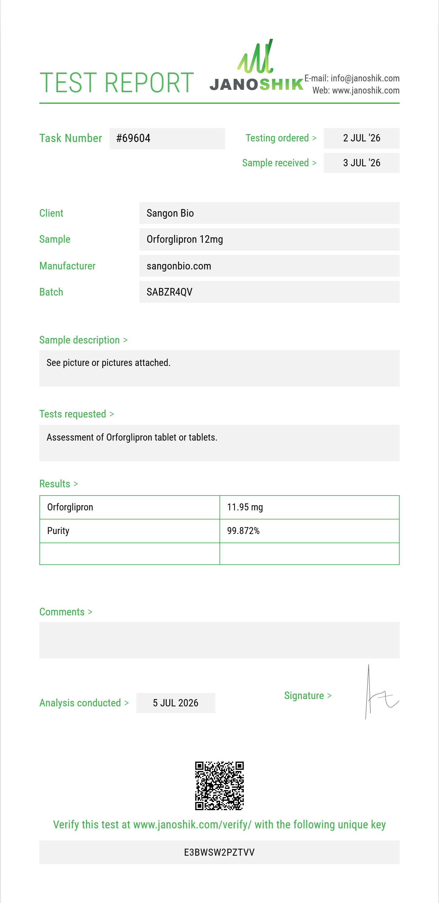 Orforglipron Purity (HPLC) report by Janoshik Analytical