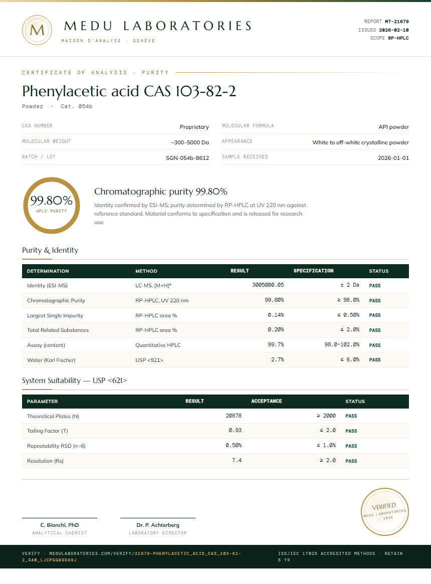 Phenylacetic acid CAS 103-82-2 Purity Test Report by Medutest