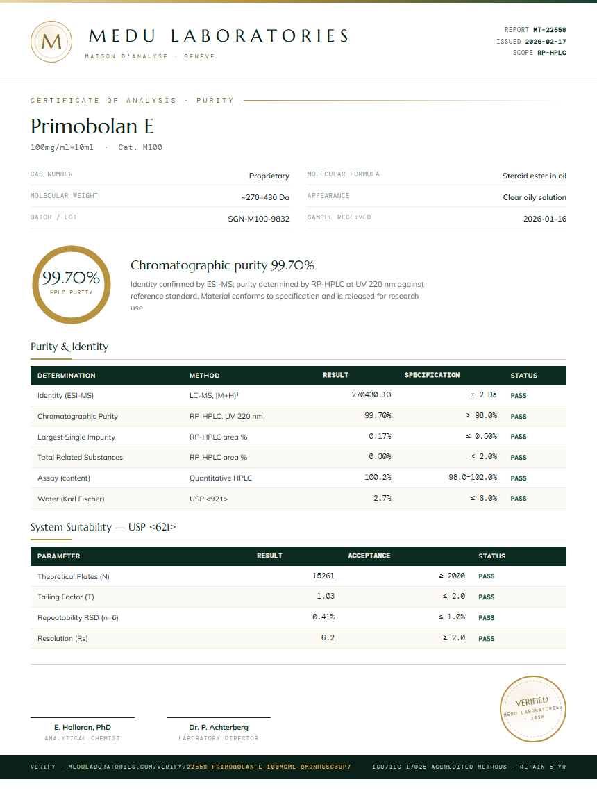 Primobolan E Purity Test Report by Medutest